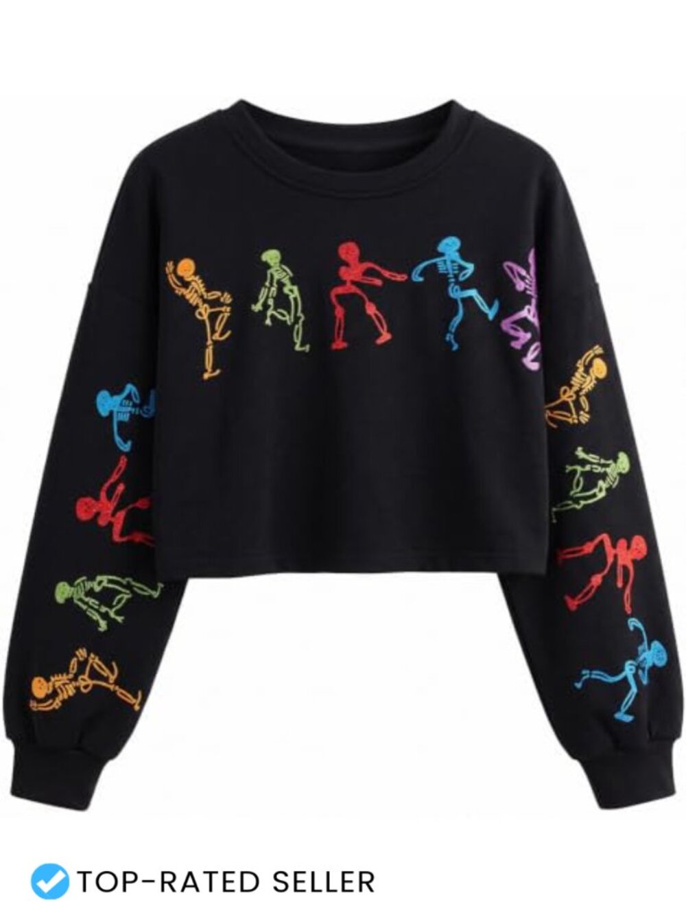 Halloween Glitter Skull Crop Sweatshirt Women Long Sleeve Crew Neck
